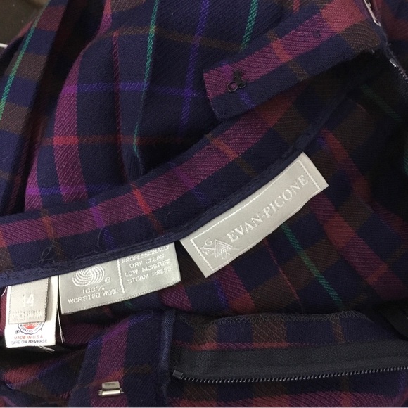 100% Worsted Wool pleated purple pink blue green plaid skirt countryside sz 14 - Picture 8 of 8